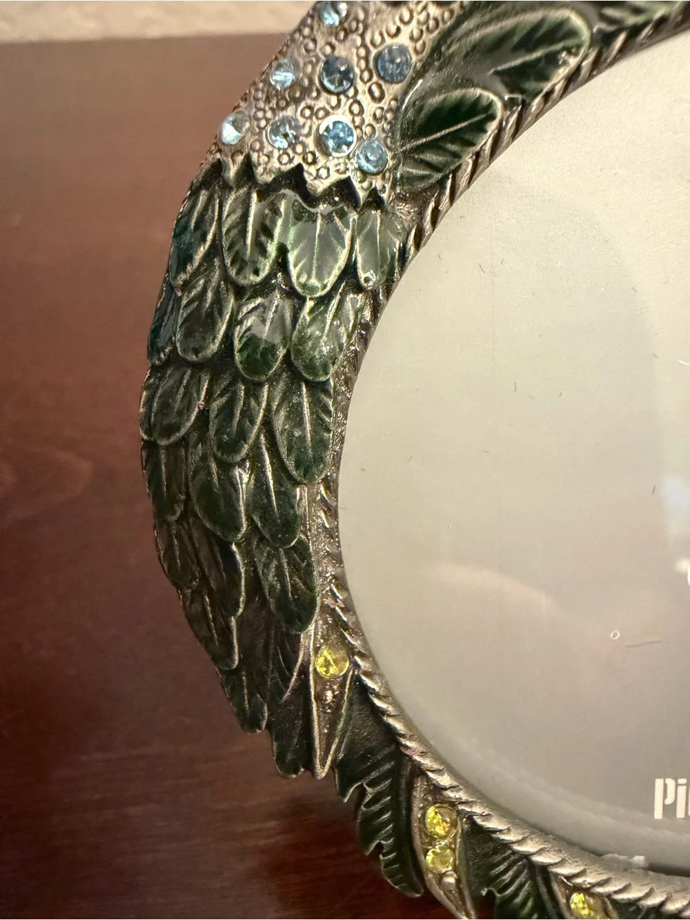 Pier 1 Imports Miniature Picture Frame Jeweled Swan 3” Round Metal And Enamel